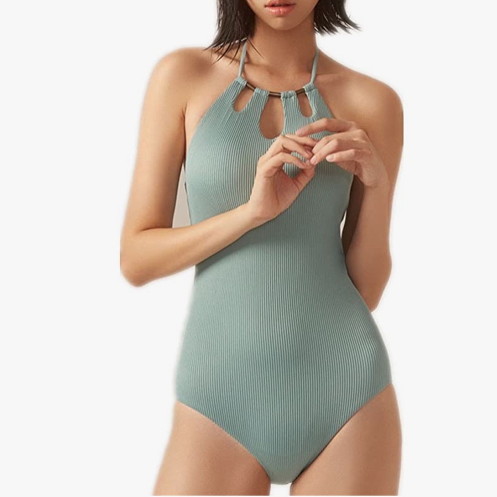 Jade Understated One-piece Swimsuit Bikini With Neck Detail And Open Back, Muted